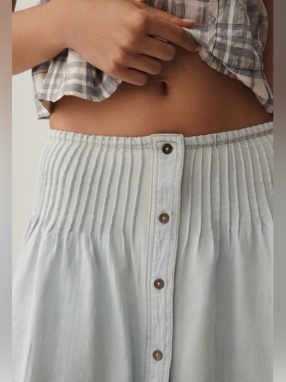 Anthropologie Pilcro Light Wash Cotton Pintuck Basque-Waist Denim Maxi Skirt XL - Picture 3 of 16